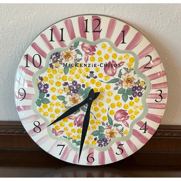 MacKenzie-Childs Other - MacKenzie-Childs Flower Market Wall Clock Pink Stripe Floral Enamel Decor WORKS